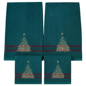 Vintage Christmas Tree Towel Set 2 Bath Towels 2 Hand Towels Green W/ Red Ribbon